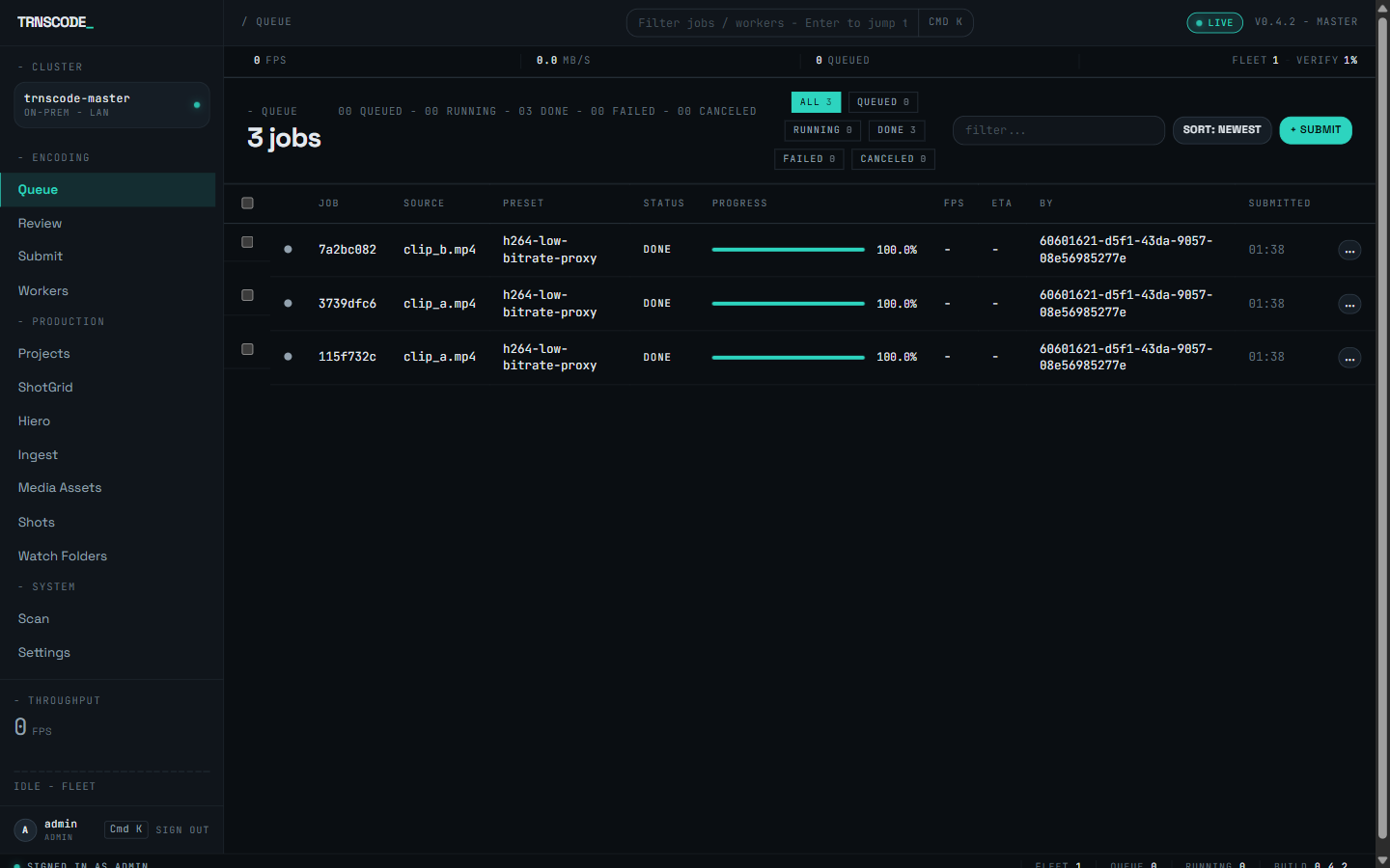 The queue at /queue showing three completed jobs, the grouped sidebar navigation with the cluster card and throughput widget, state-count filter chips, and the cluster meta-strip across the top