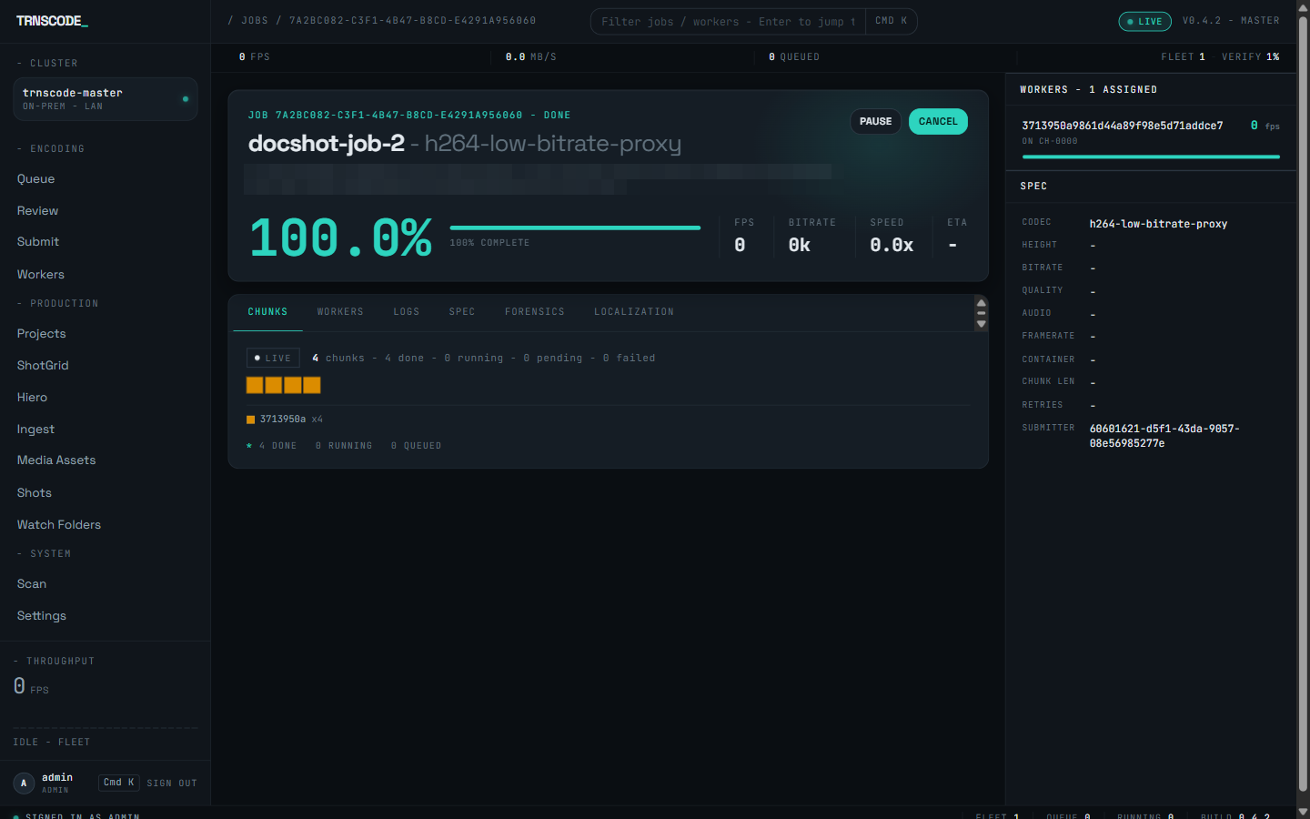 A completed job's detail page showing the progress hero at 100.0% with FPS, bitrate, speed and ETA readouts, the tab bar with the Chunks tab active over a four-chunk map, and the right rail listing the assigned worker and the spec