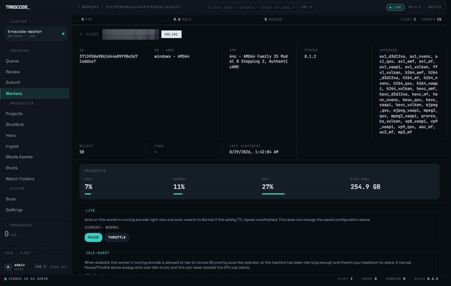 A worker's detail page, hostname redacted: an identity panel with worker ID, OS and architecture, CPU model, FFmpeg version and the advertised encoder list; a row with weight, tags and last heartbeat; live CPU, memory, GPU and free-disk resource tiles; and the Live control with Pause and Throttle buttons above the idle-burst option