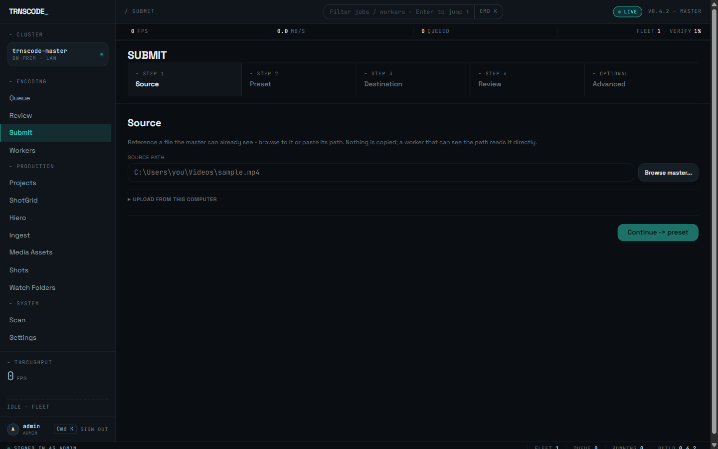 The Submit page's Source step, with a source path entered, a Browse master button beside the field, a collapsed Upload from this computer section below it, and the step header showing Source, Preset, Destination, Review and the optional Advanced step
