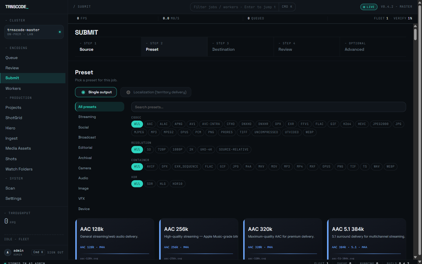 The Preset step of the Submit page, with a Single output and Localization (territory delivery) delivery-mode toggle, a category rail from All presets to Device, a preset search field, facet chip rows for codec, resolution, container and HDR, and a row of AAC audio preset cards