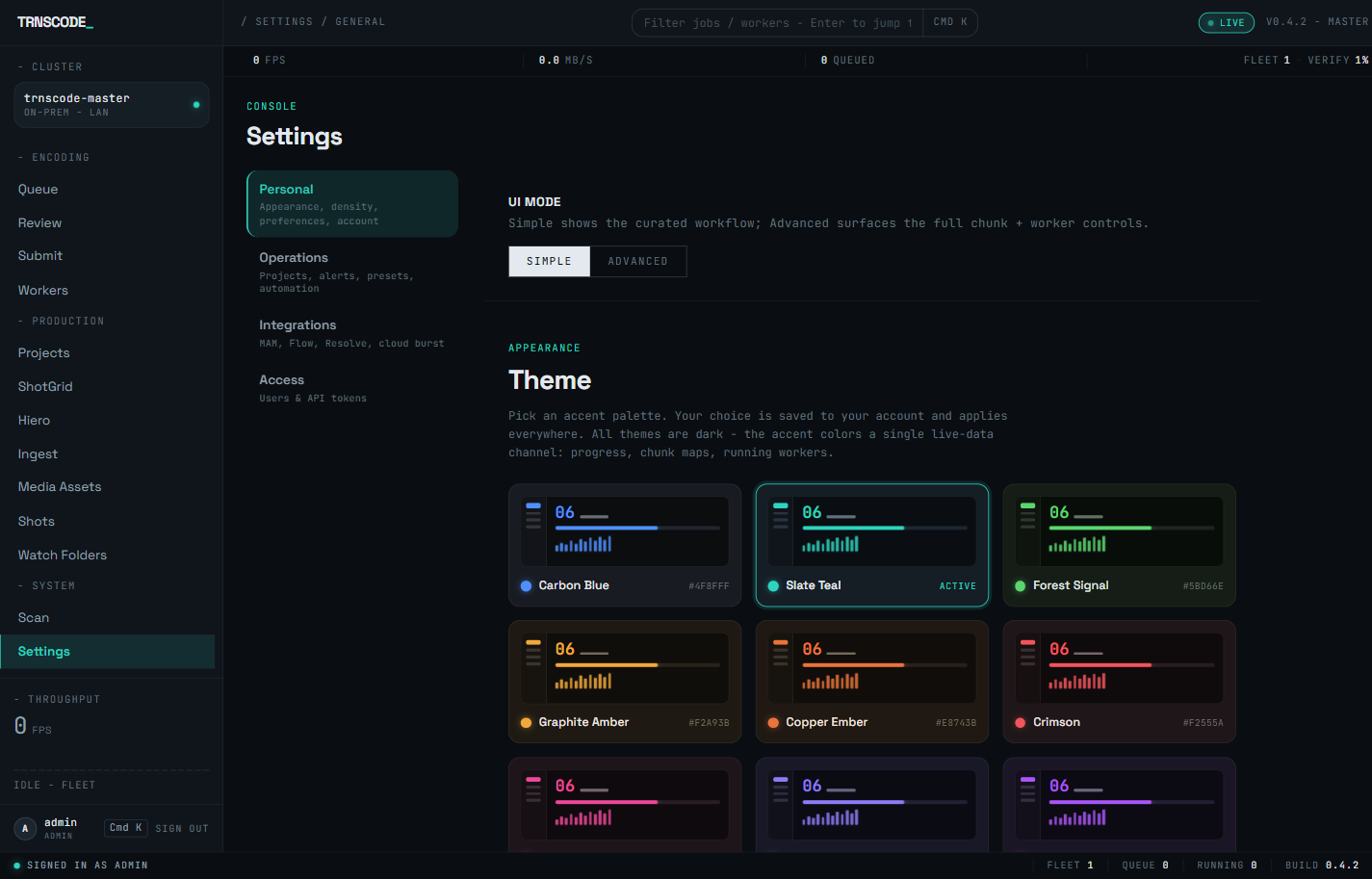 The Settings → General page of the web console, showing the settings sub-navigation with Personal selected, the Simple/Advanced UI-mode toggle, and the theme picker's grid of accent-palette cards