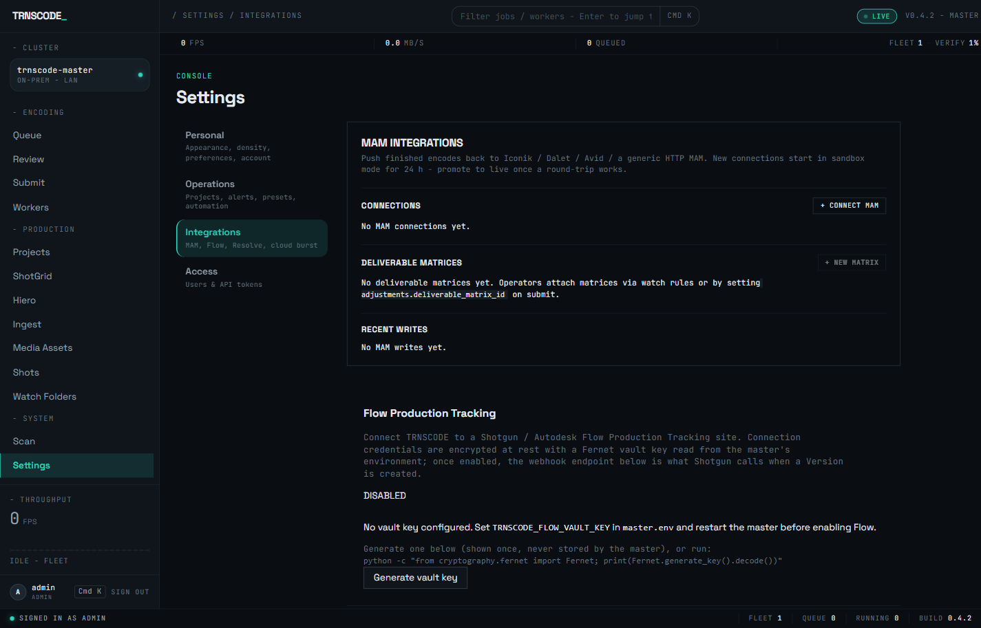 The Settings → Integrations sub-page showing the MAM integrations panel with no connections, deliverable matrices and recent writes, and the Flow Production Tracking panel in the DISABLED state prompting for TRNSCODE_FLOW_VAULT_KEY with a Generate vault key button