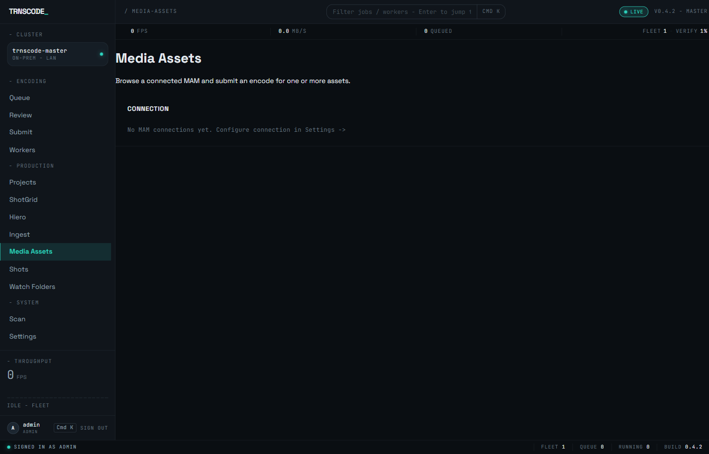 The Media Assets page in the web console, subtitled Browse a connected MAM and submit an encode for one or more assets. The Connection panel reports that no MAM connections exist yet and links to the settings panel to configure one.