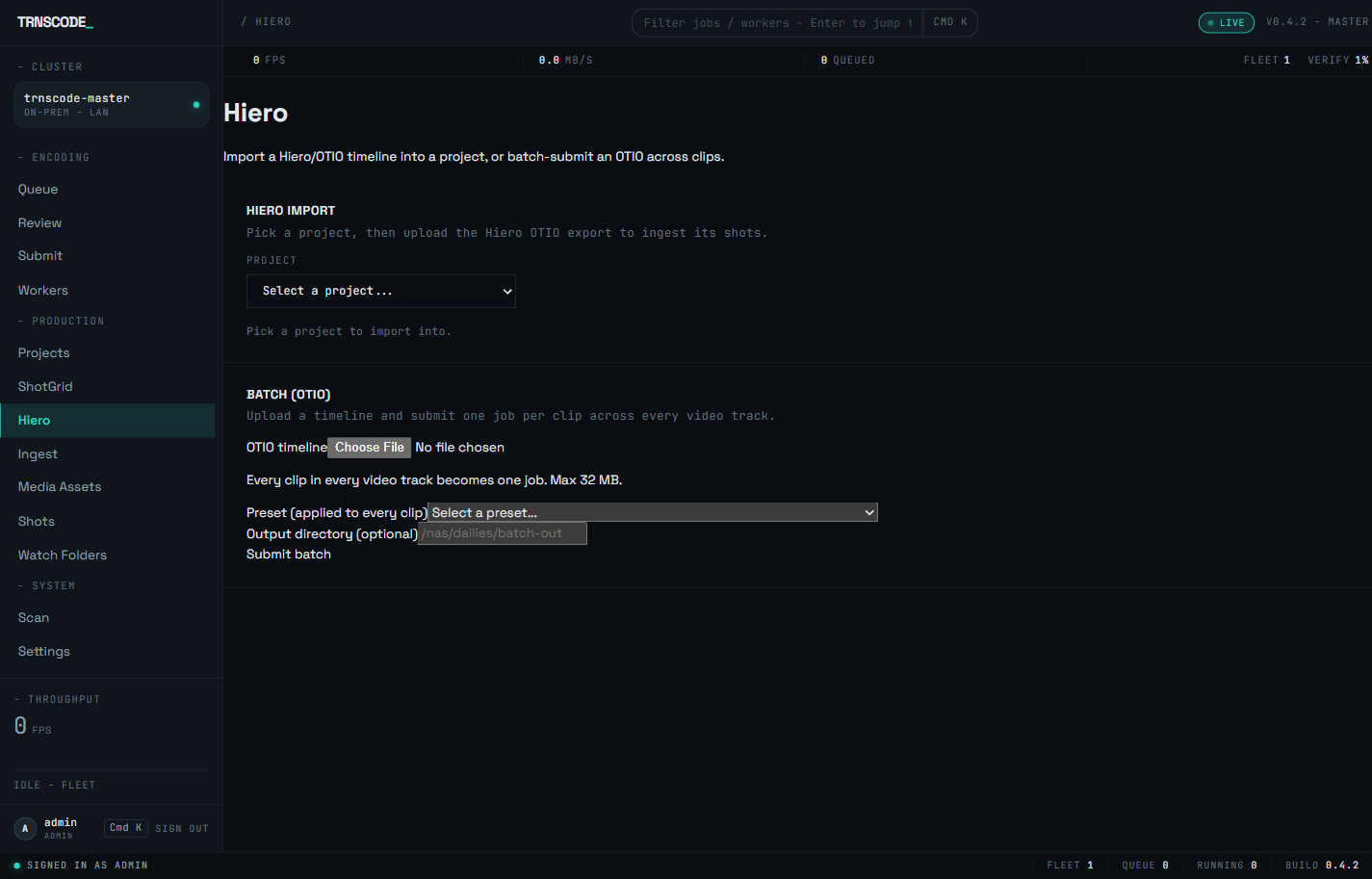 The Hiero page in the web console. A Hiero Import panel offers a project selector and instructs the operator to upload the Hiero OTIO export. Below it, a Batch (OTIO) panel offers a timeline file chooser, a preset selector applied to every clip, an optional output directory, and a Submit batch action.