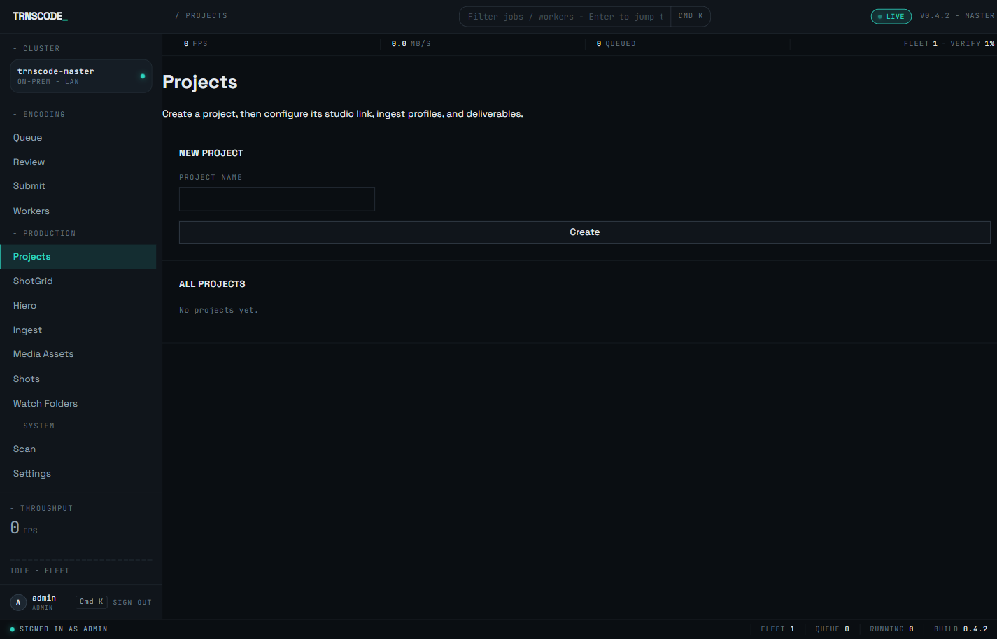 The Projects page in the web console. The Production navigation group lists Projects, ShotGrid, Hiero, Ingest, Media Assets, Shots and Watch Folders. The main pane shows a New Project panel with a project-name field and a Create button, above an All Projects list that is still empty.