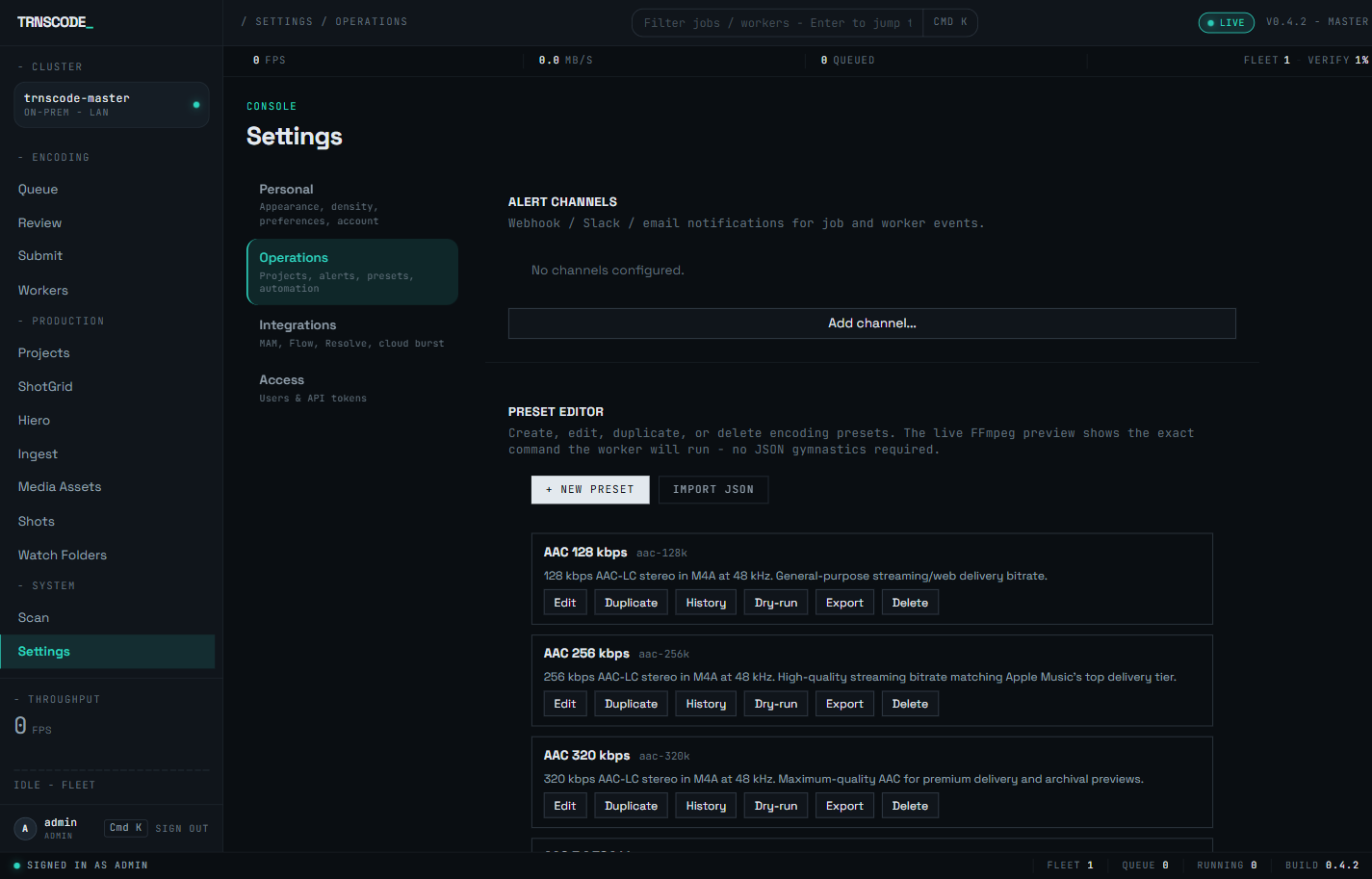 The Settings → Operations sub-page showing the Alert channels panel with no channels configured and an Add channel button, and the preset editor listing AAC 128, 256 and 320 kbps presets, each with Edit, Duplicate, History, Dry-run, Export and Delete actions