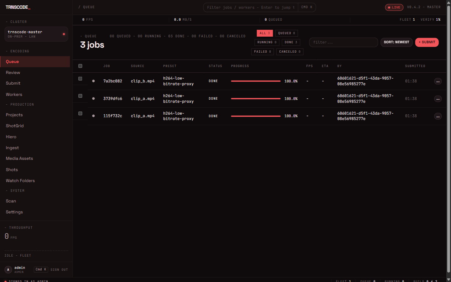 The queue page with the Crimson palette applied: the active Queue navigation entry, the LIVE pill, the ALL filter chip, three job progress bars at 100% and the Submit button all render in crimson while the dark surfaces are unchanged