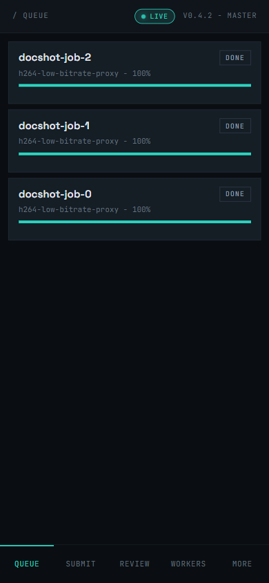 The mobile queue with the install card dismissed, showing the bottom tab bar with Queue active and Submit, Review, Workers and More alongside