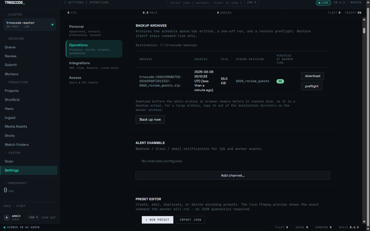 The Backup archives panel listing one archive: its name (trnscode-host-timestamp-revision.zip), the time it was created, its size, the schema revision, and a green 'ok' pill under 'Verified at backup time', with per-row Download and Preflight buttons and a 'Back up now' button below.