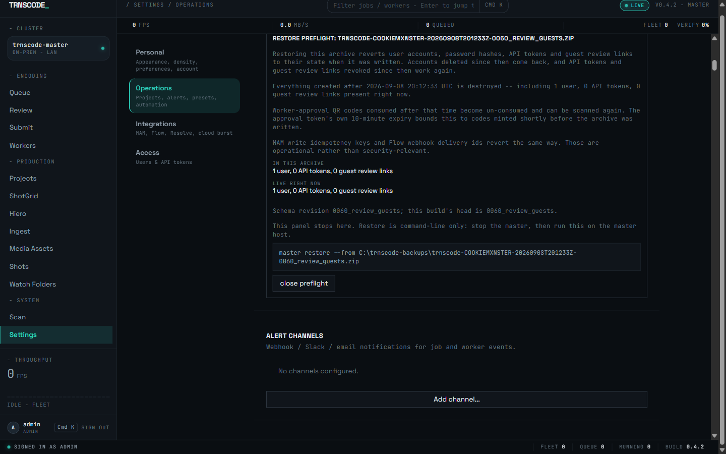 The restore preflight for an archive: a plain-language summary of exactly what restoring would revert and destroy, the account and token counts in the archive versus live right now, the schema revision compared against this build's head, and the exact 'master restore --from …' command in a code block, with a note that restore is command-line only.