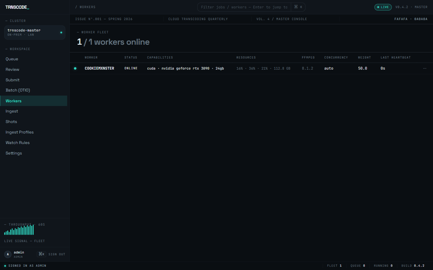 The Workers page showing one of one workers online with live CPU, RAM and GPU telemetry