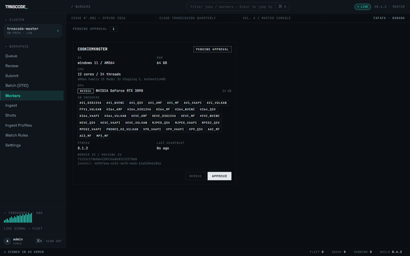 The Workers page showing a registered worker in PENDING APPROVAL state with its capability manifest and Approve and Remove buttons
