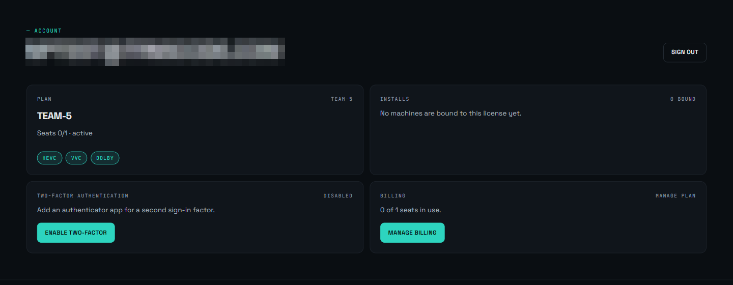 The account dashboard signed in on a paid tier, email redacted: a Plan card showing the tier, seat usage and HEVC, VVC and Dolby codec entitlements; an Installs card with no machines bound; a Two-factor authentication card with an enable button; and a Billing card with a Manage billing button