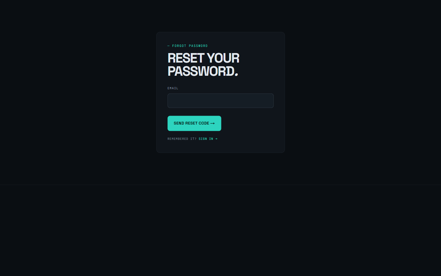 The trnscode.com Forgot password page: an email field and a Send reset code button, with a sign-in link for users who remembered their password