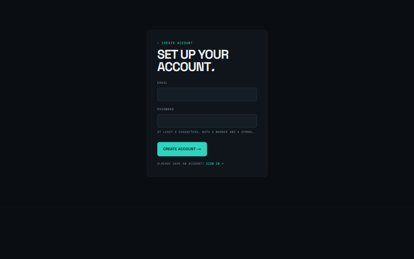 The trnscode.com Create account page: email and password fields with the password policy stated beneath, a Create account button, and a sign-in link for existing accounts